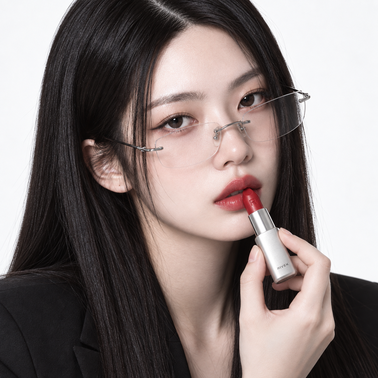 The same model holding RIVEK lipstick