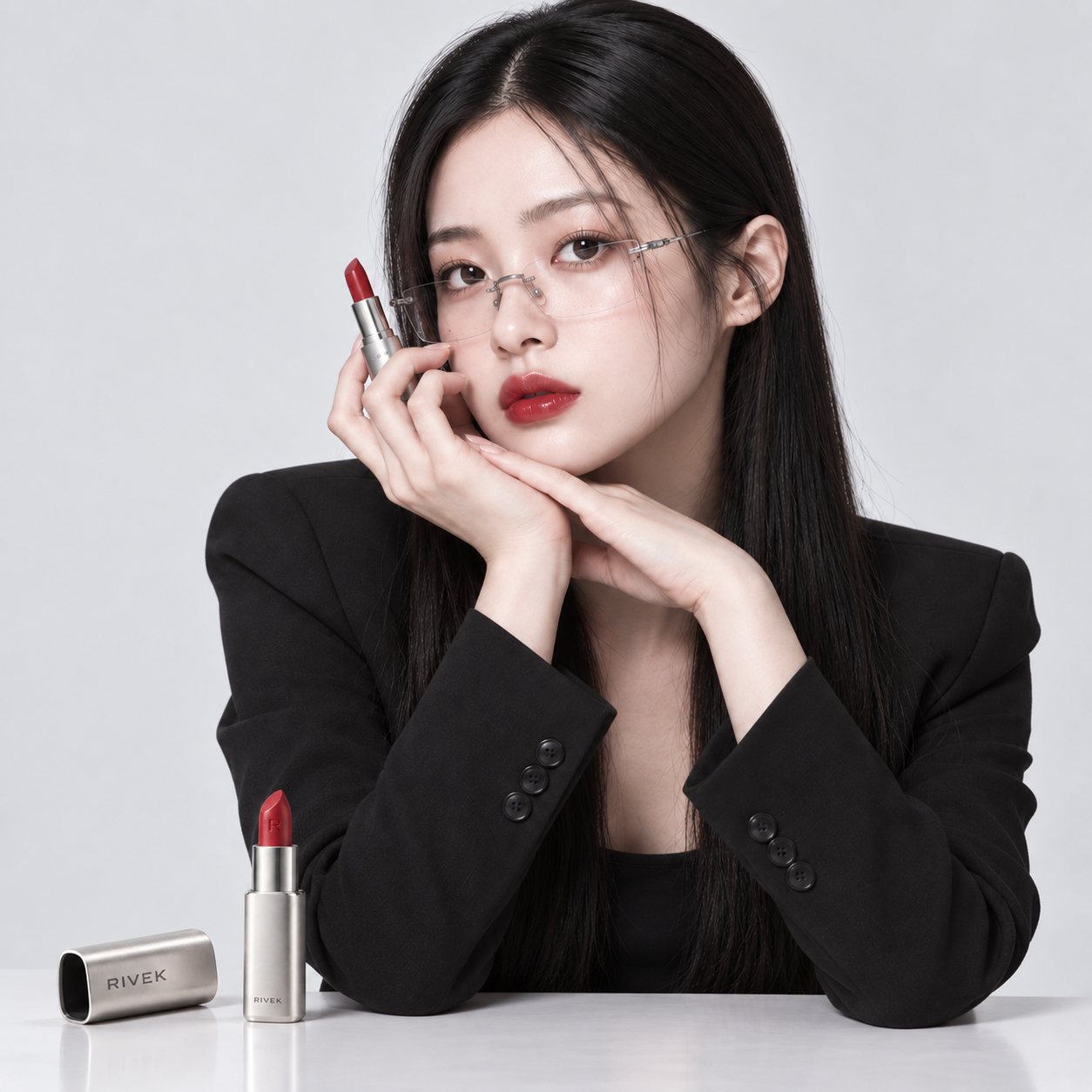 The same model holding lipstick in a studio